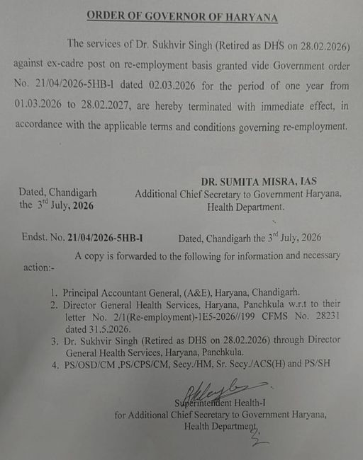 सरकार की ओर से सेवाएं समाप्त करने का जारी लेटर।