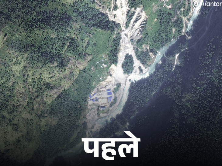 18 अक्टूबर 2023 और 27 अगस्त 2026 की सैटेलाइट तस्वीरों में नेपाल के स्याप्रुबेसी का सीमेंट प्लांट। बाढ़ के बाद इमारतें और पुल बह गए।