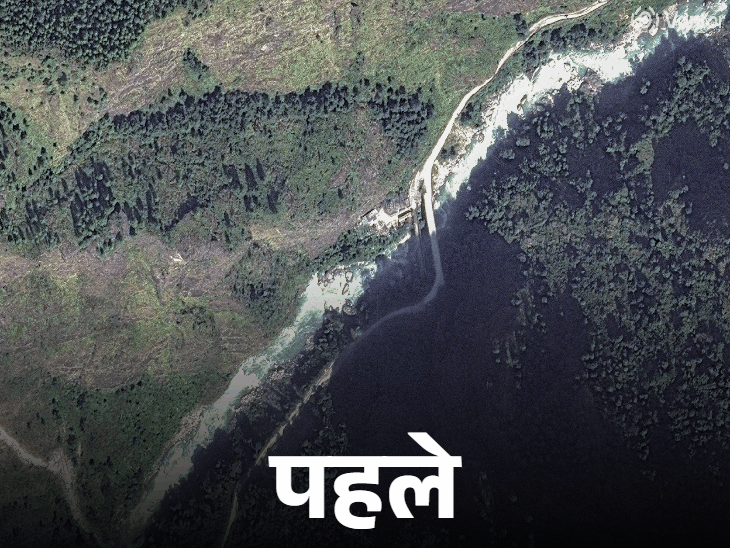 नेपाल के स्याप्रुबेसी स्थित त्रिशूली पुल की पहली सैटेलाइट तस्वीर 18 अक्टूबर 2023 की है। दूसरी तस्वीर बाढ़ के बाद 27 अगस्त की है, जिसमें पुल और आसपास की इमारतें बह गईं।