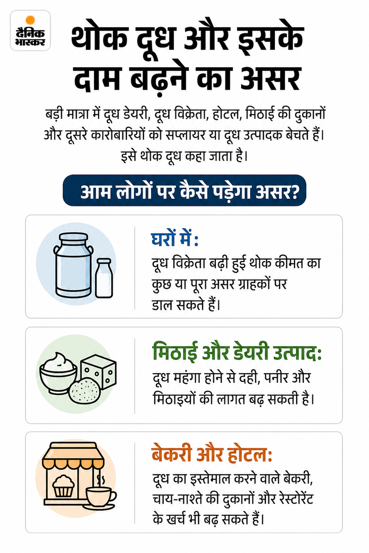 मुंबई में दूध ₹100 के पार, थोक भाव ₹9 बढ़े: दही-पनीर के दाम भी बढ़ सकते हैं; चारा और ट्रांसपोर्ट खर्च बढ़ने का असर 769e0c85 853b 499e bc2d 795db97bf343 1787948031153