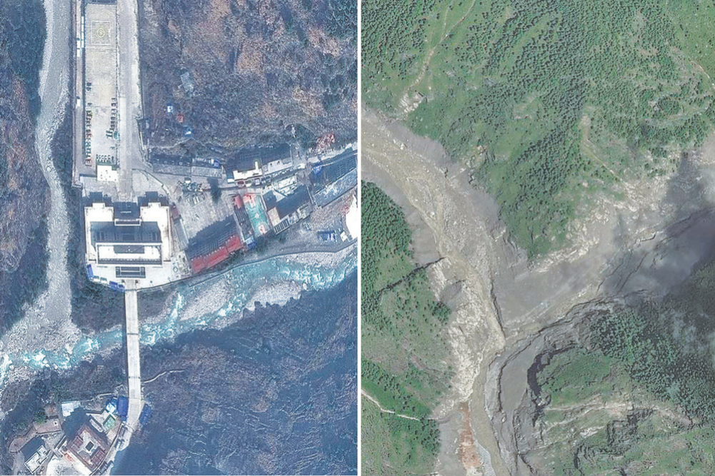 नेपाल-चीन सीमा पर स्थित रासुवागढ़ी बॉर्डर पॉइंट की आपदा से पहले और बाद की तस्वीर।