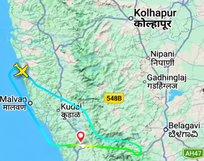 फ्लाइट 6E 2102 के रूट का ट्रैकिंग मैप, इंजन में तकनीकी खराबी के बाद विमान गोवा लौट आया।