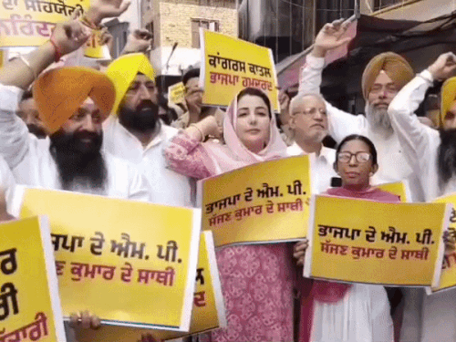 अमृतसर में AAP नेता सोनिया मान की अगुआई में प्रदर्शन कर रहे हैं। - Dainik Bhaskar