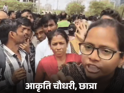 पहली तस्वीर आकृति की है। दूसरी 13 अप्रैल की है, जब नोएडा में मजदूरों ने हिंसक प्रदर्शन किया था। - Dainik Bhaskar