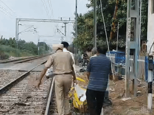 शव को तिरपाल में लेकर जाते पुलिस कर्मचारी। - Dainik Bhaskar