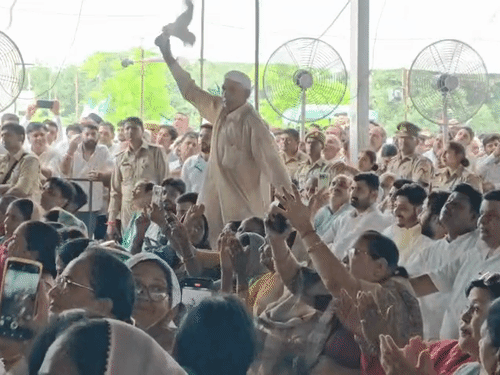 जयंत चौधरी के आने पर एक बुजुर्ग अपनी सीट से खड़े होकर खुशी से नाचने लगे।