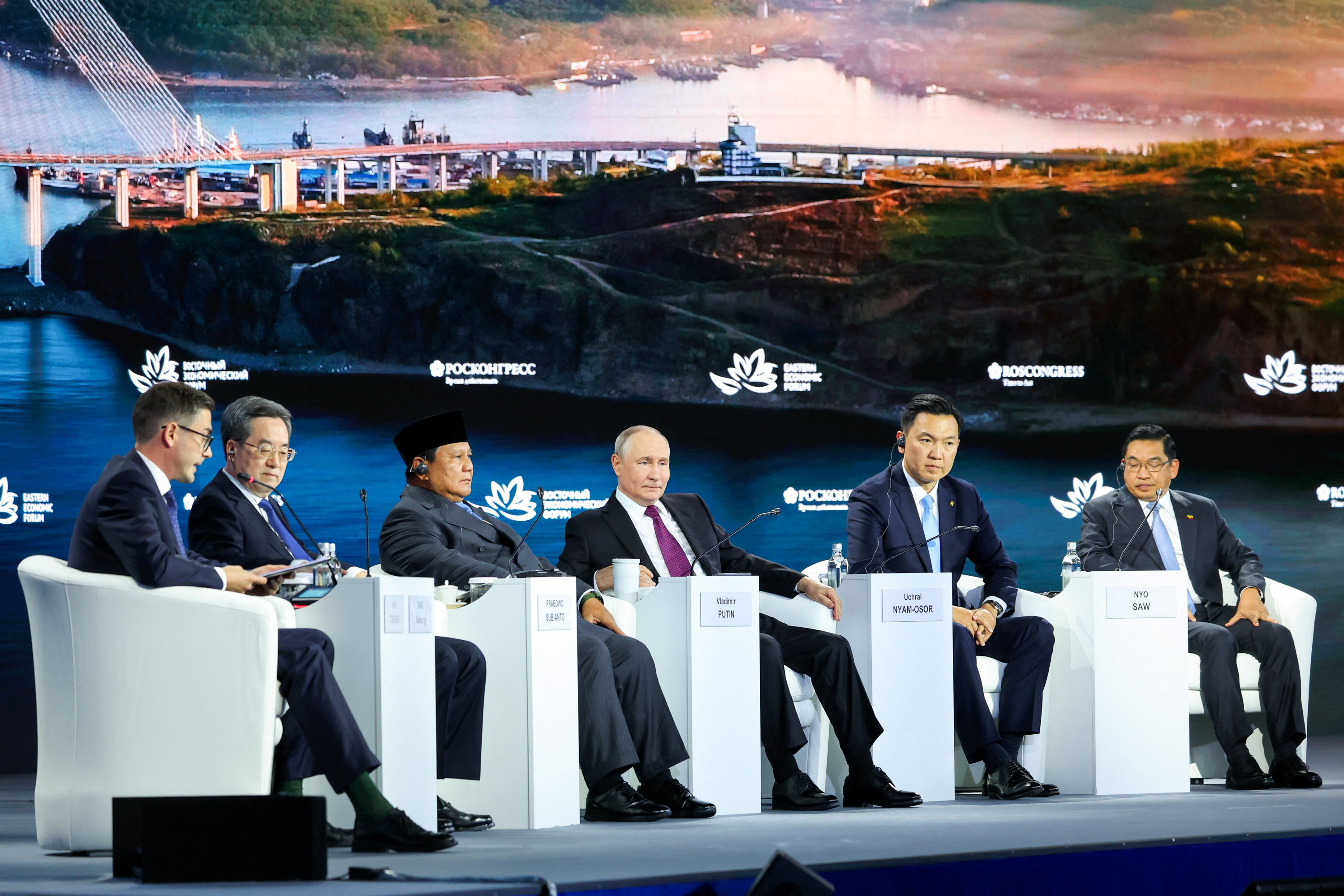 Russian President Vladimir Putin and Indonesian President Prabowo Subianto (third from left) attend the Eastern Economic Forum.
