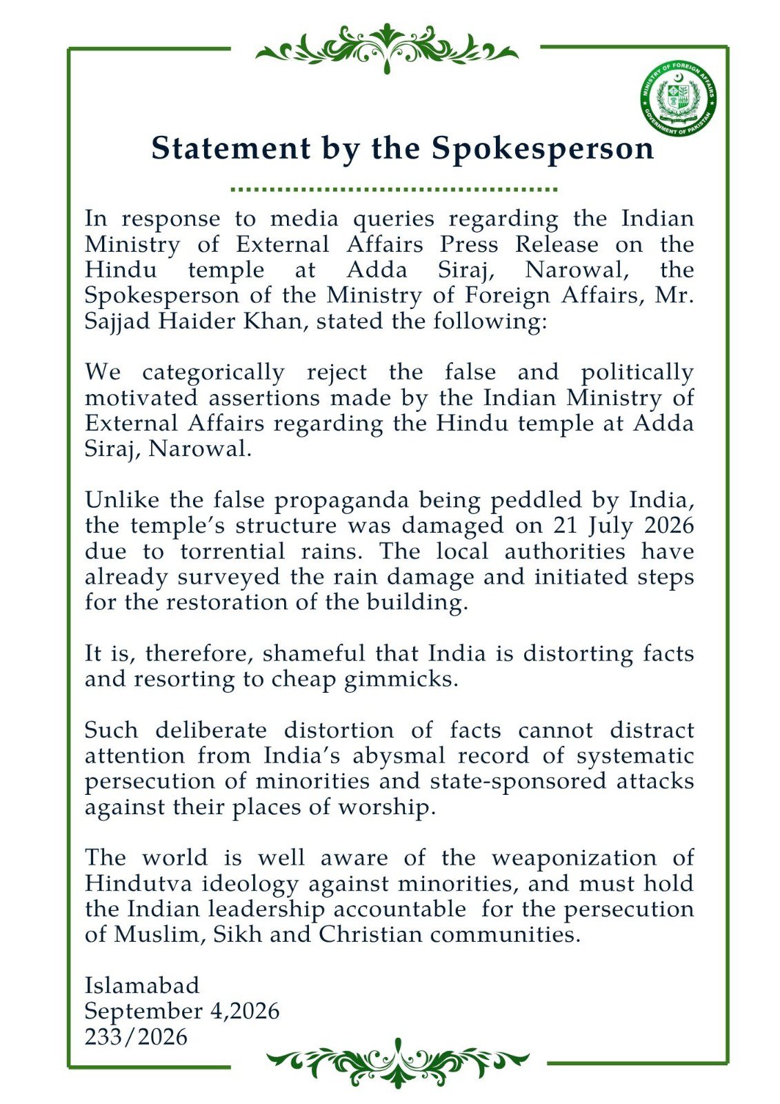 A statement was issued by the Pakistan Foreign Ministry.