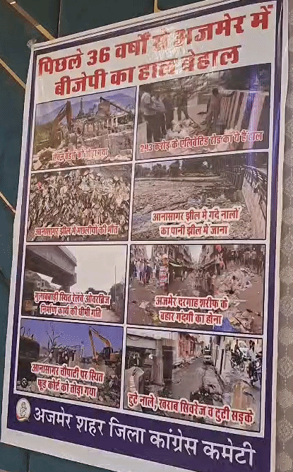 पोस्टर में दिखाई अजमेर की दुर्दशा, भाजपा को जिम्मेदार ठहराया।