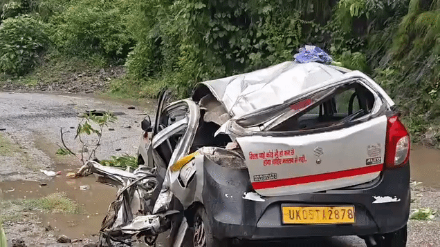 In Uttarakhand, a car was damaged after a boulder fell from a hill on the Ghat-Panar road in Champawat.