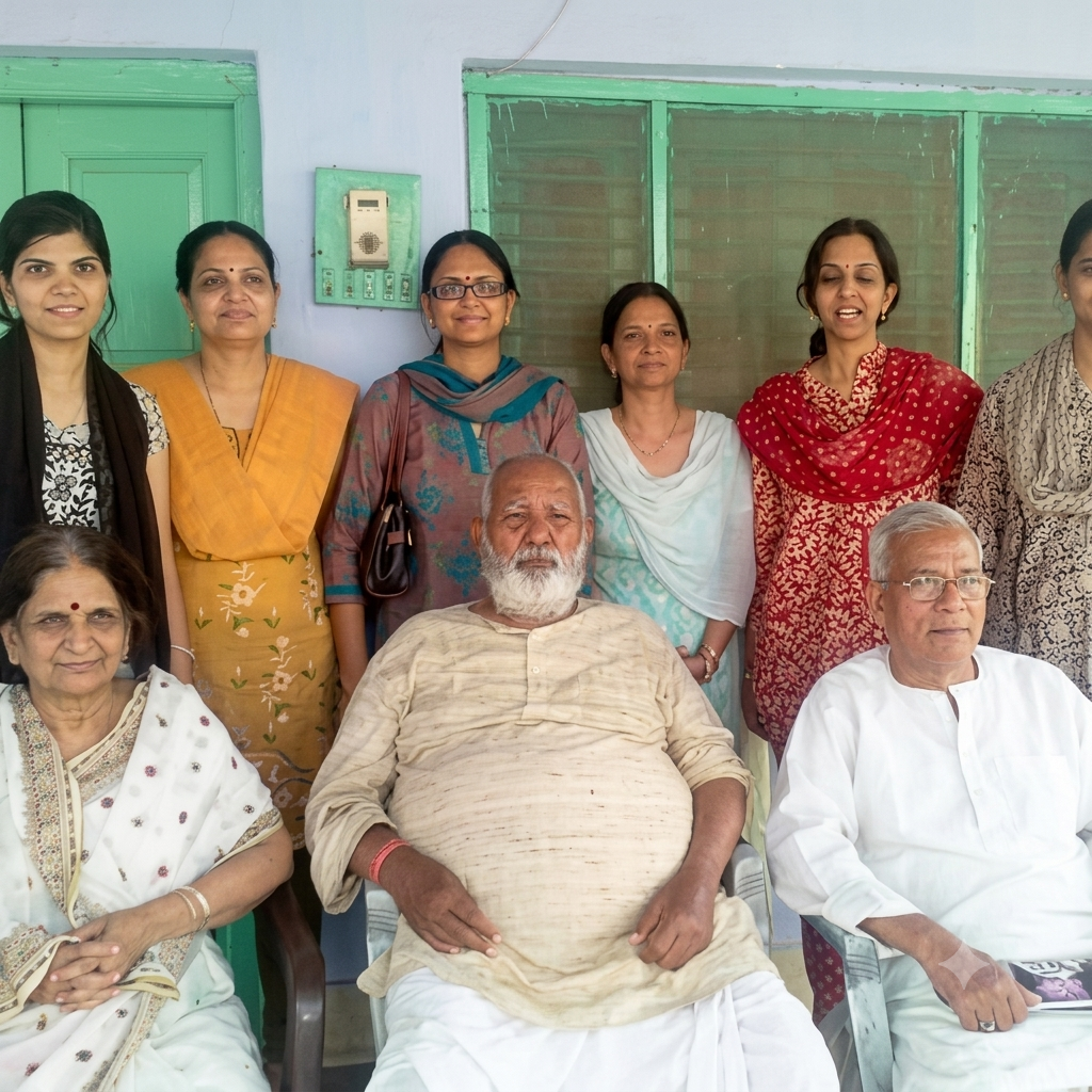 चित्रात नीम करौली बाबांचे दोन्ही मुले आणि मुलगी (खुर्च्यांवर) यांच्यासोबत नाती (मागे उभ्या) देखील दिसत आहेत.