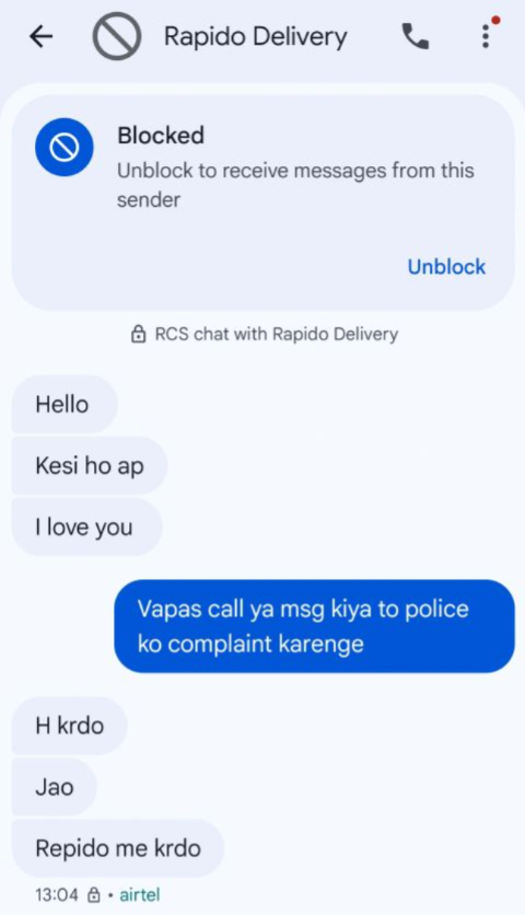 Rapido rider sent these offensive messages to Geetika Srivastava.