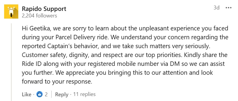 Rapido company apologized by commenting on Geetika's post.