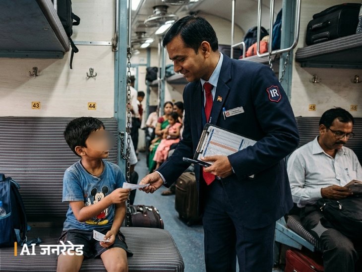 चंडीगढ़-इंदौर एक्सप्रेस में बच्चा अकेला सफर कर रहा था, उसके साथ कोई नहीं होने पर टीटीई ने उससे पूछताछ की।- AI जनरेटेड