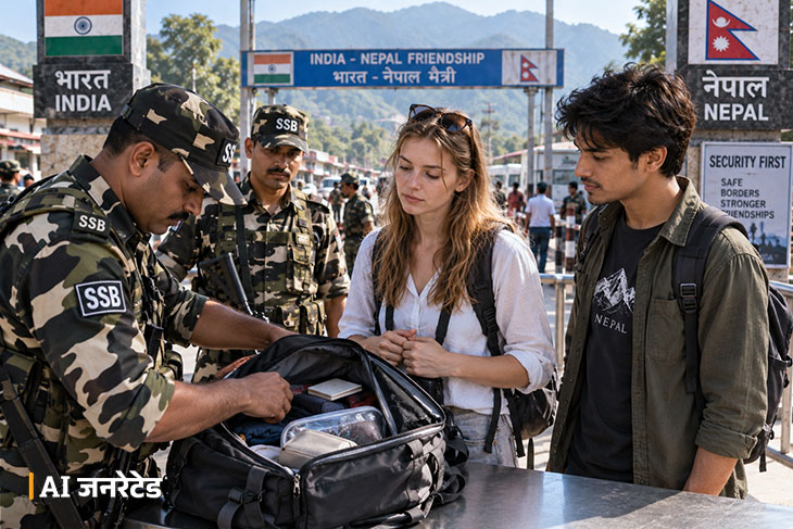 SSB के जवानों ने अमेरिकी लड़की के दस्तावेजों की तलाशी ली।