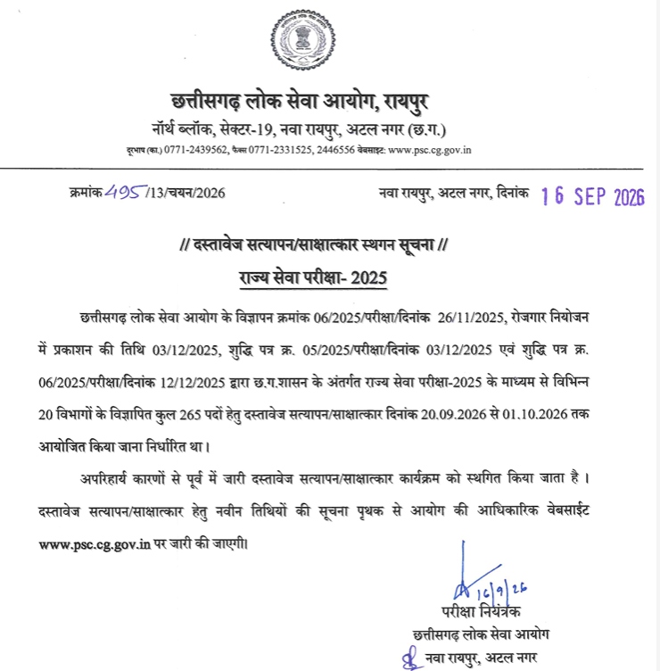 सीजीपीएससी के अधिकारियों ने ये नोटिफिकेशन जारी किया है।