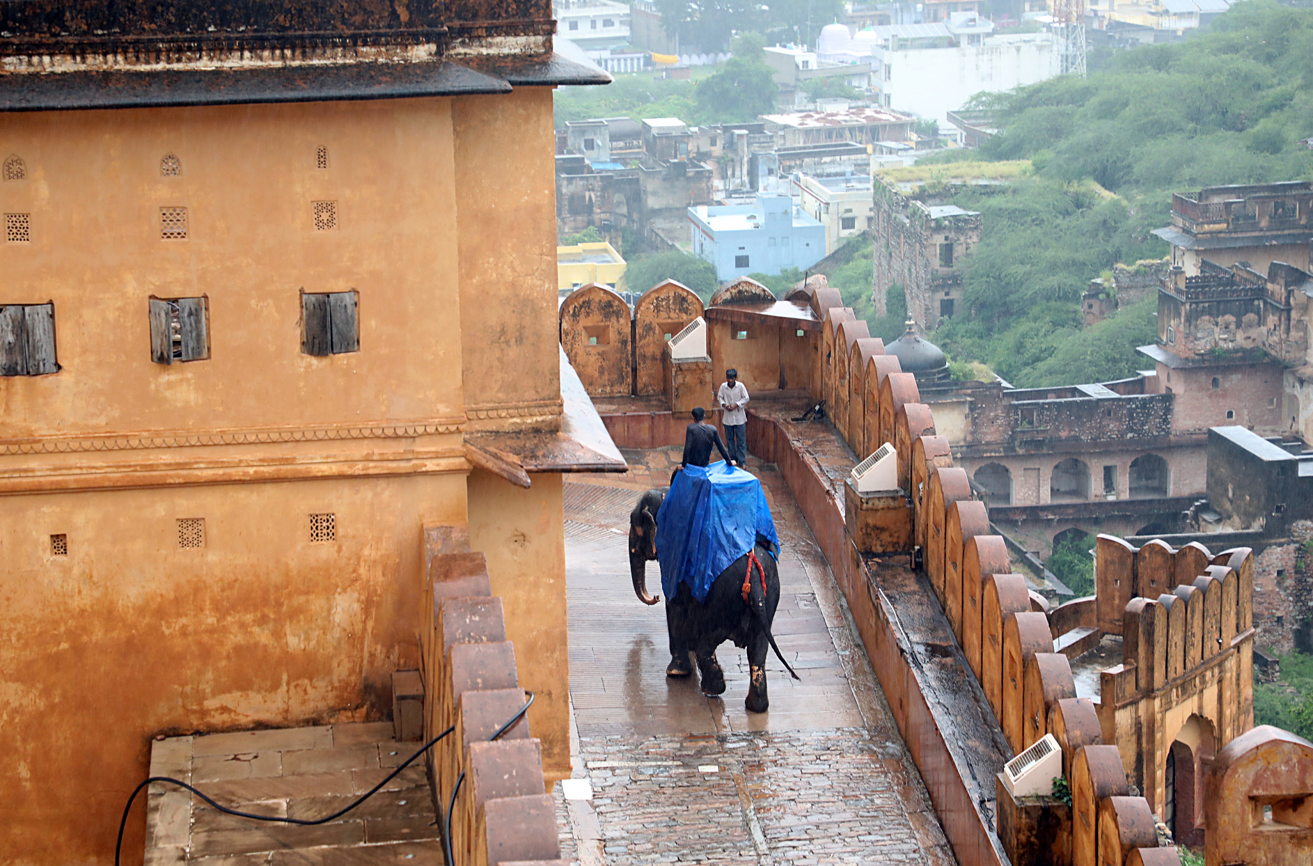 A view of the rain at Amer Fort in Jaipur, Rajasthan. The mahout was seen taking the elephant out of the fort.
