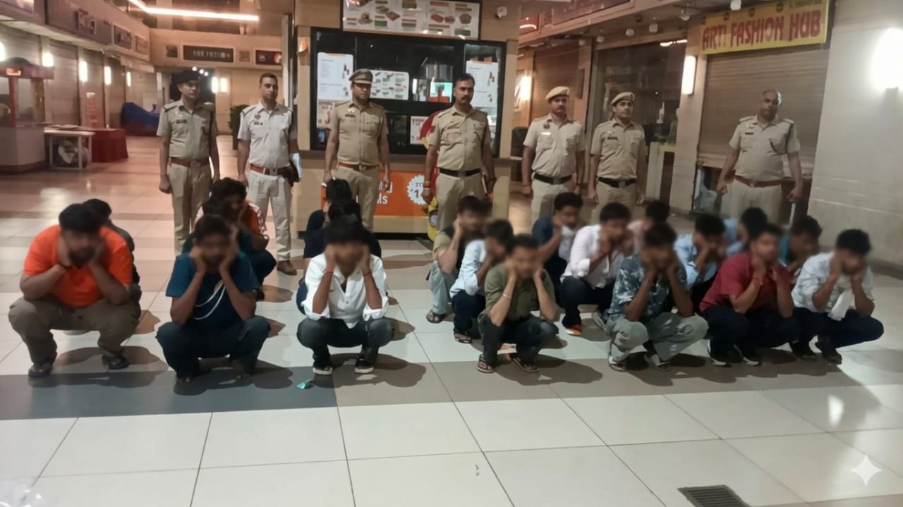 गुरुग्राम स्फायर मॉल 90 में आधी रात को स्पा सेंटरों पर रेड के दौरान पकड़े गए आरोपी।