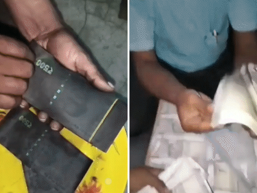 The agent showed the reporter two types of counterfeit notes: one black-coated note and another fake note made to look like a genuine note.