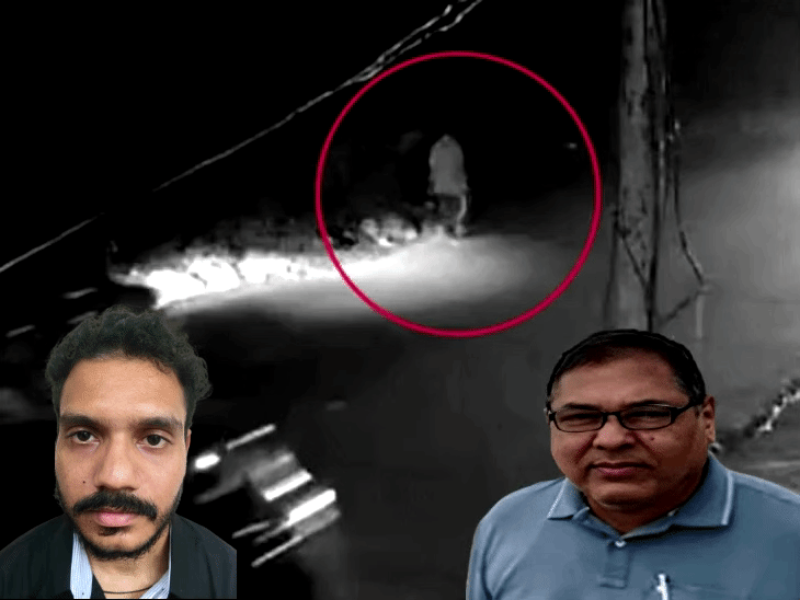 फरीदाबाद में सीसीटीवी फुटेज में मेटा अधिकारी के पिता लक्ष्मी नारायण को कुचलते हुए कार। इनसेट में मृतक लक्ष्मी नारायण (दाएं) और आरोपी ब्रिजेश (बाएं) की फोटो। - Dainik Bhaskar