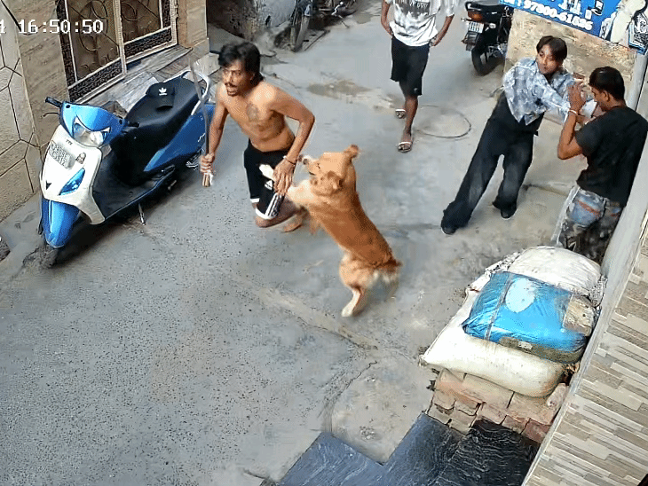 कुत्ते के डर से भागता हुआ युवक।