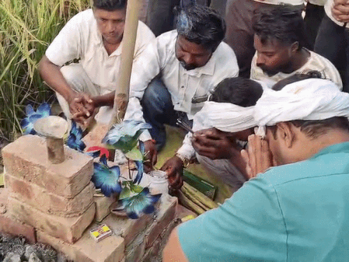 चार दीए जलाकर गोगाजी की पूजा करते ग्रामीण।