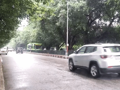 चंडीगढ़ में बारिश के बीच गुजरते वाहन।