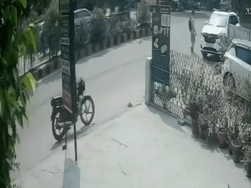 बाइक को बाहर निकालता हुआ चोर।