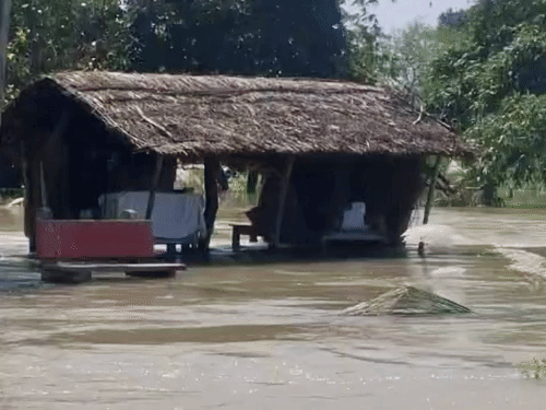 यूपी के गोंडा में घाघरा नदी खतरे के निशान से 26 सेमी ऊपर बह रही है। 30 गांव टापू में तब्दील हो गए हैं।