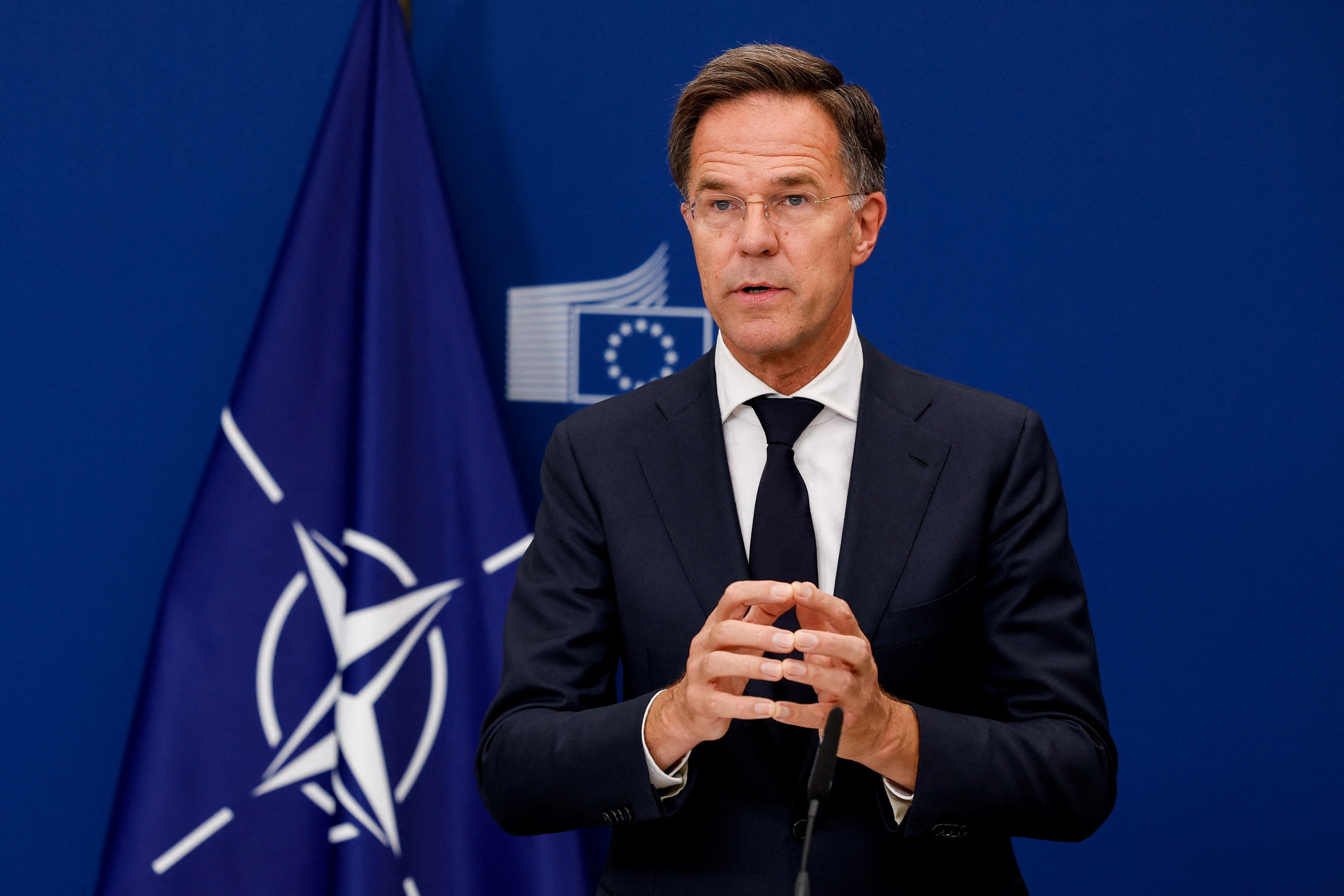 NATO चीफ बेल्जियम के ब्रसेल्स में प्रेस कॉन्फ्रेंस के दौरान। तस्वीर 2 सितंबर 2026 की है।