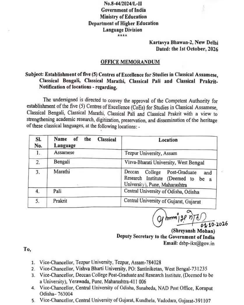 केंद्र सरकार ने 1 अक्टूबर 2026 को जारी किया सेंटर फॉर एक्सीलेंस बनाने का नोटिफिकेशन।