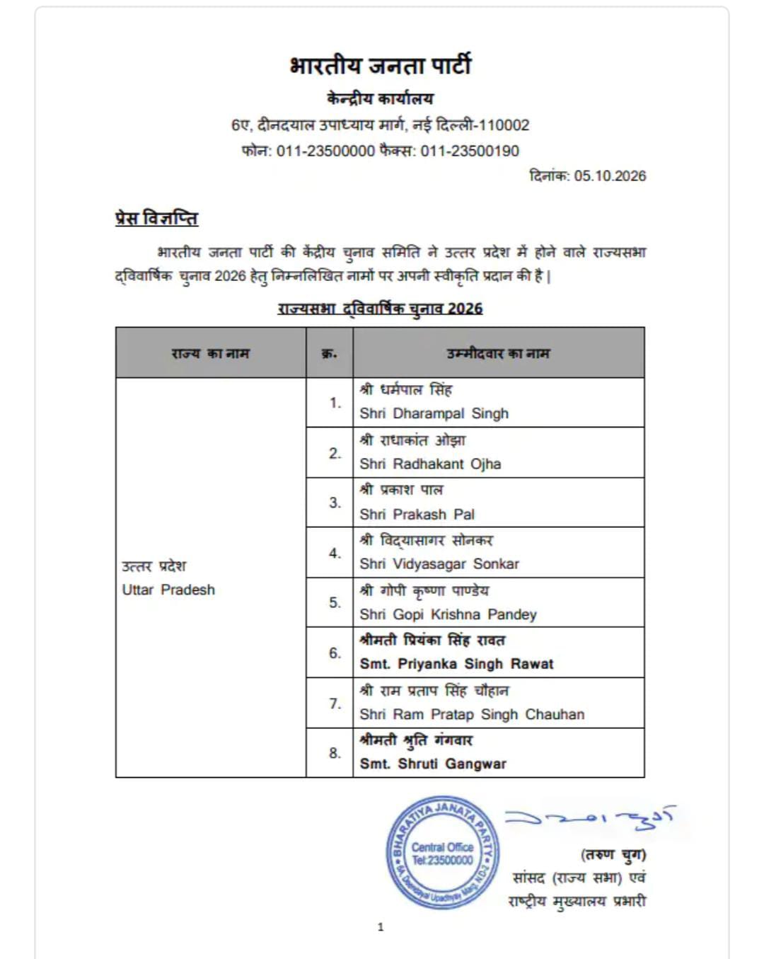 भाजपा की ओर से जारी उम्मीदवारों की लिस्ट में प्रकाश पाल का तीसरे नंबर पर और गोपी कृष्ण पांडेय का नाम पांचवें नंबर पर है।