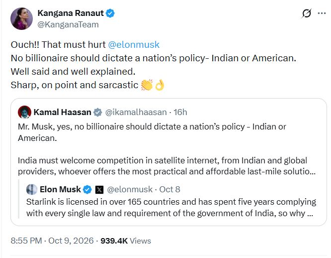 Elon Musk को कंगना रनौत का जवाब, कमल हासन के बयान के बाद बोलीं- यह तो चुभ गया होगा
