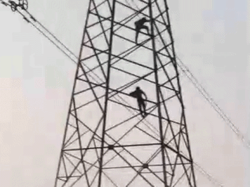 टावर पर चढ़ते दोनों युवक।