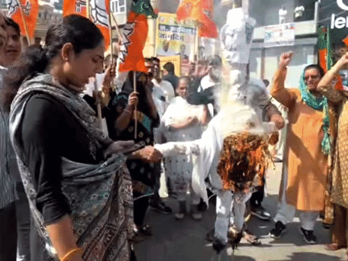 महिला मोर्चा की जिला अध्यक्ष रीना शर्मा के नेतृत्व में गोहाना में कार्यकर्ताओं ने फुहावरा चौक पर नारेबाजी करते हुए राहुल गांधी का पुतला फूंका।