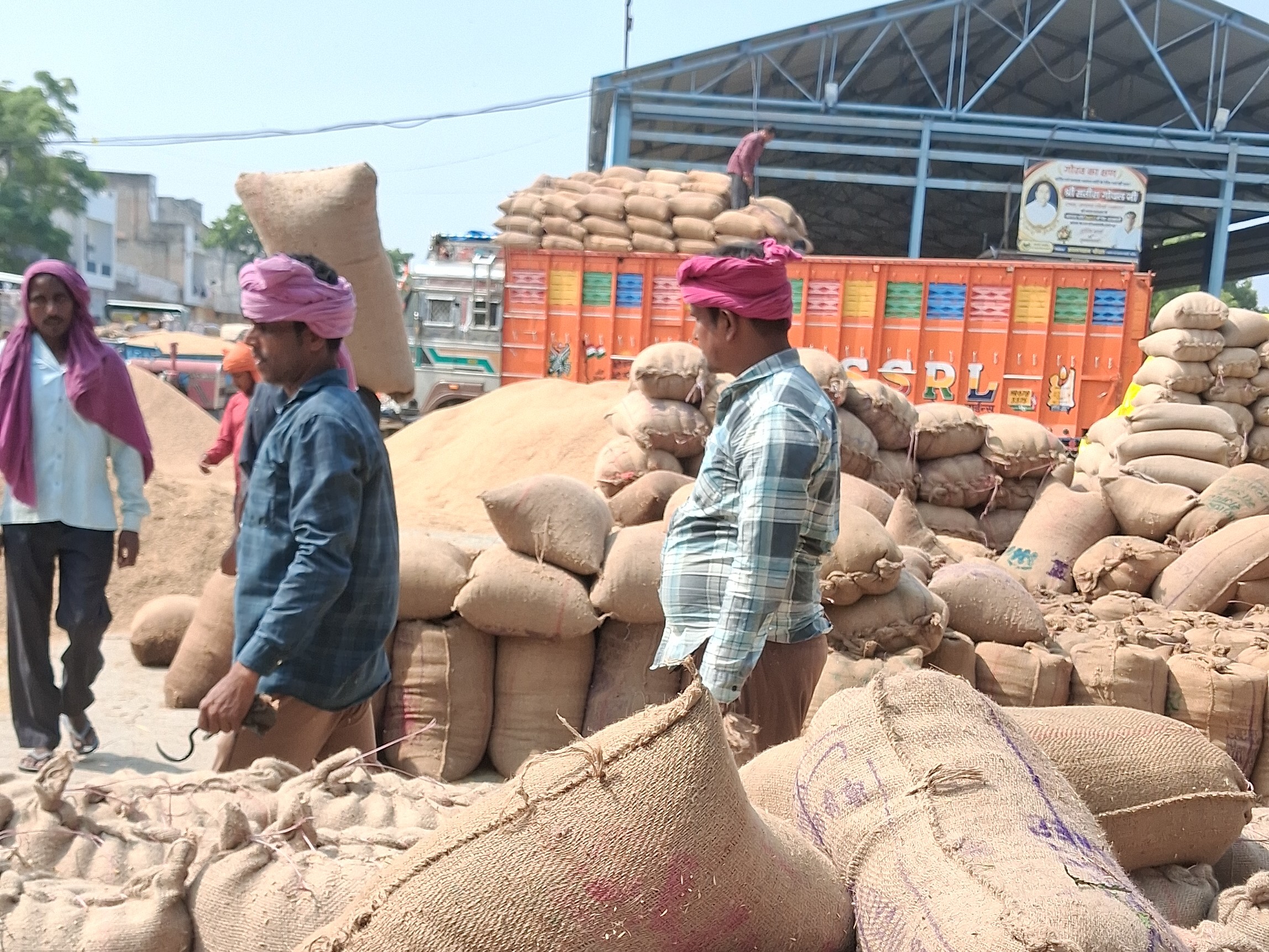 धान की बोरी उठाकर ले जाते श्रमिक।