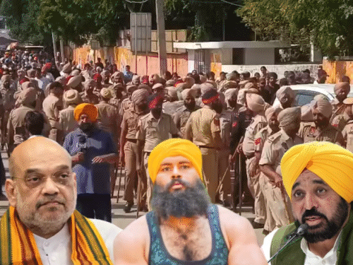 मानसा में धरने पर बैठा परिवार, तैनात की गई पुलिस और इनसेट में केंद्रीय मंत्री अमित शाह, परविंदर झोटा और सीएम भगवंत मान का फोटो। - Dainik Bhaskar