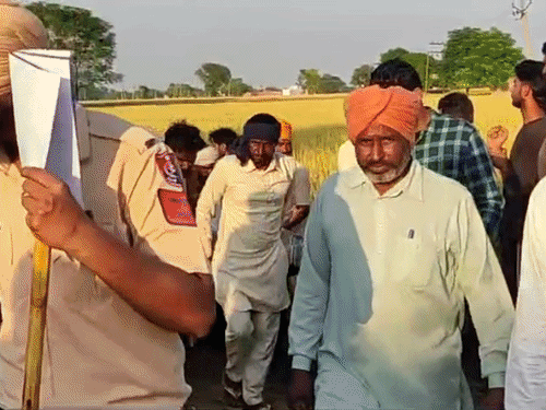 हत्या के बाद खेत में पड़ी महिला की लाश व मौके पर जुटे ग्रामीण। - Dainik Bhaskar