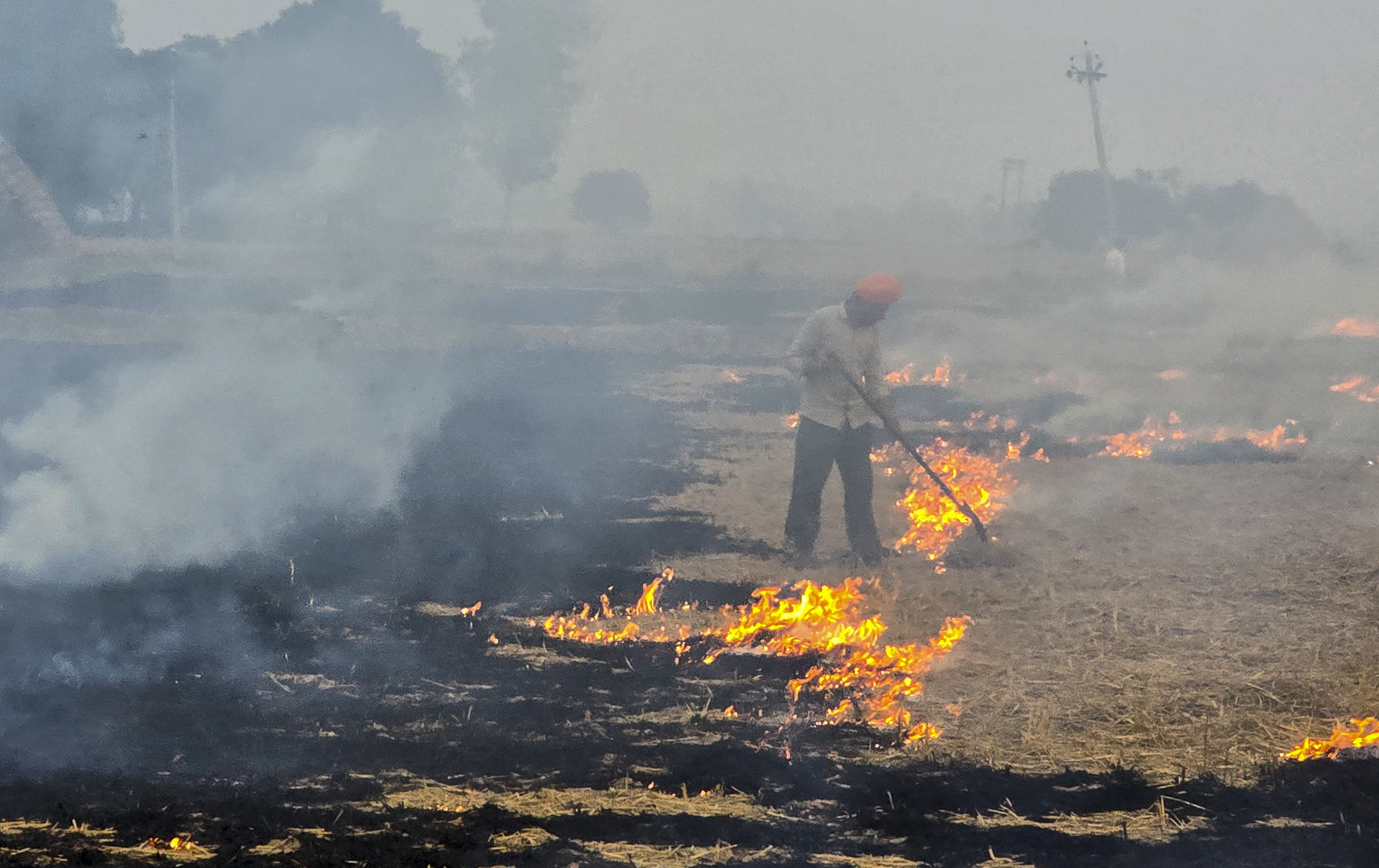 पटियाला के बाहरी इलाके में पटियाला-राजपुरा रोड के किनारे एक खेत में एक किसान धान की पराली जलाता दिखाई दिया।