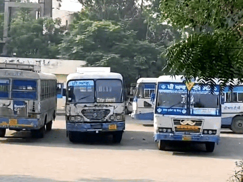 रोडवेज डिपो के अंदर खड़ी बसें।
