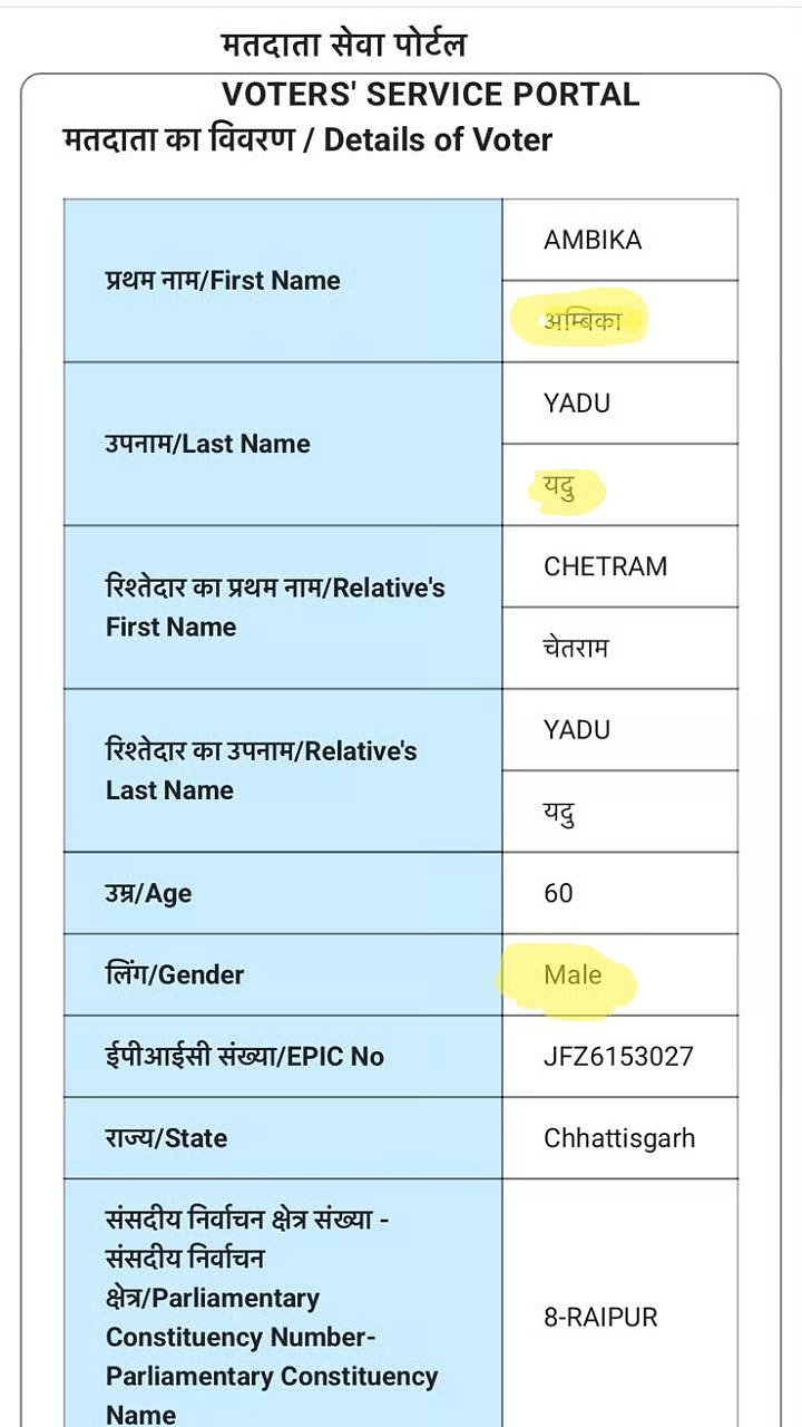 पूर्व महापौर अंबिका यदु को पुरुष बताया गया है।