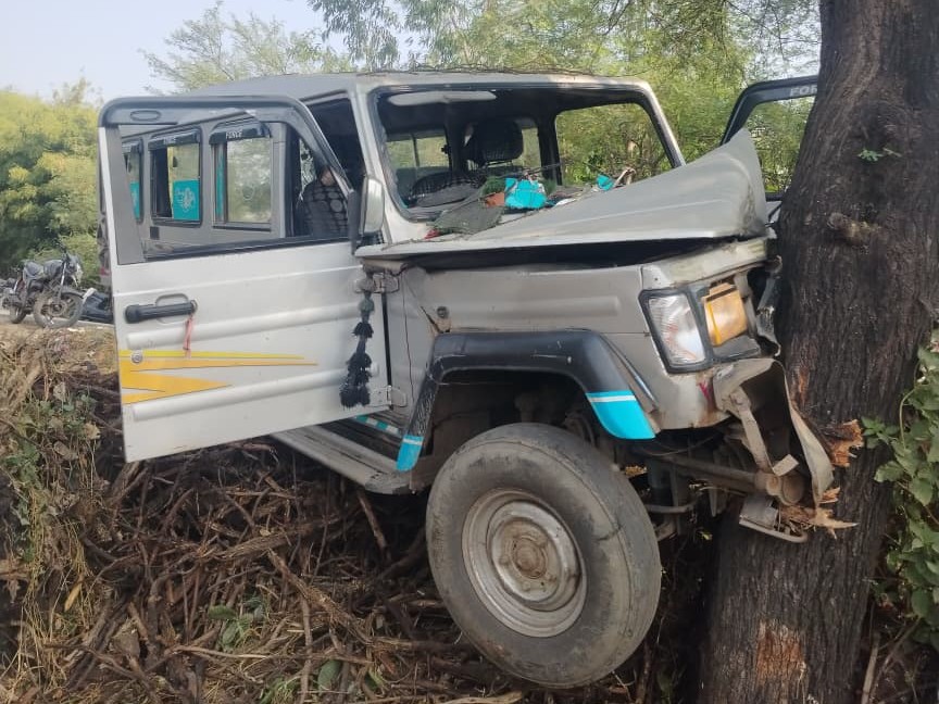 मंदसौर में बच्चों को स्कूल ले जा रही गाड़ी पेड़ से टकरा गई।