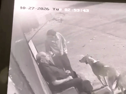 बुजुर्ग से बात करती महिला का CCTV। - Dainik Bhaskar