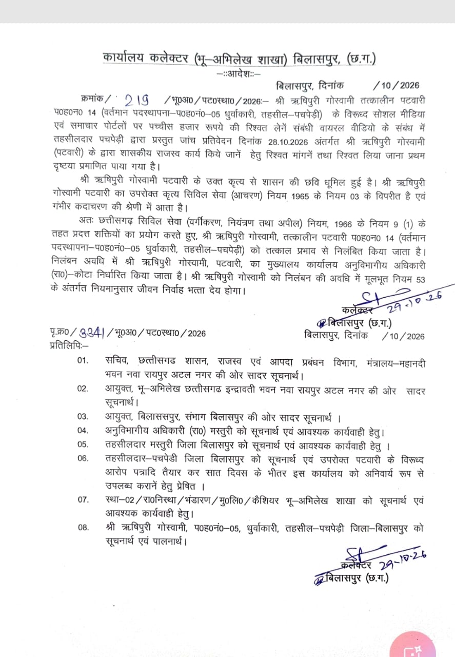 कलेक्टर संजय अग्रवाल ने पटवारी को निलंबित कर दिया है।