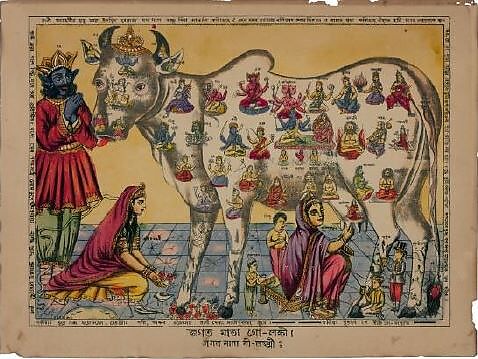 गाय पर देवी-देवता के चित्र बना यह पोस्टर 1885 में कोलकाता बनाया गया था। इसके आस-पास सभी धर्म के लोग हैं और भारत माता गाय का दूध निकाल रही हैं। अंग्रेजों के शासन में इसे राष्ट्रवाद के प्रतीक की तौर पर इस्तेमाल किया जाता था।