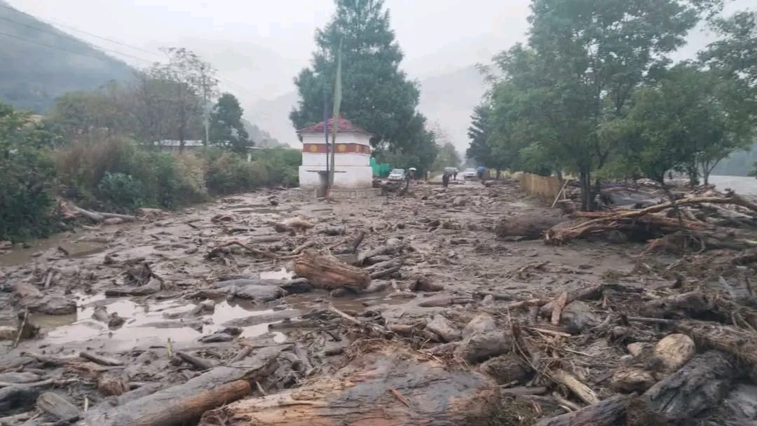 पुनाखा-गासा हाईवे पर पानी के साथ पेड़ भी बहकर आ गए। द्जोमलिंगथांग इलाके में सड़क पर मलबा जमा हो गया।