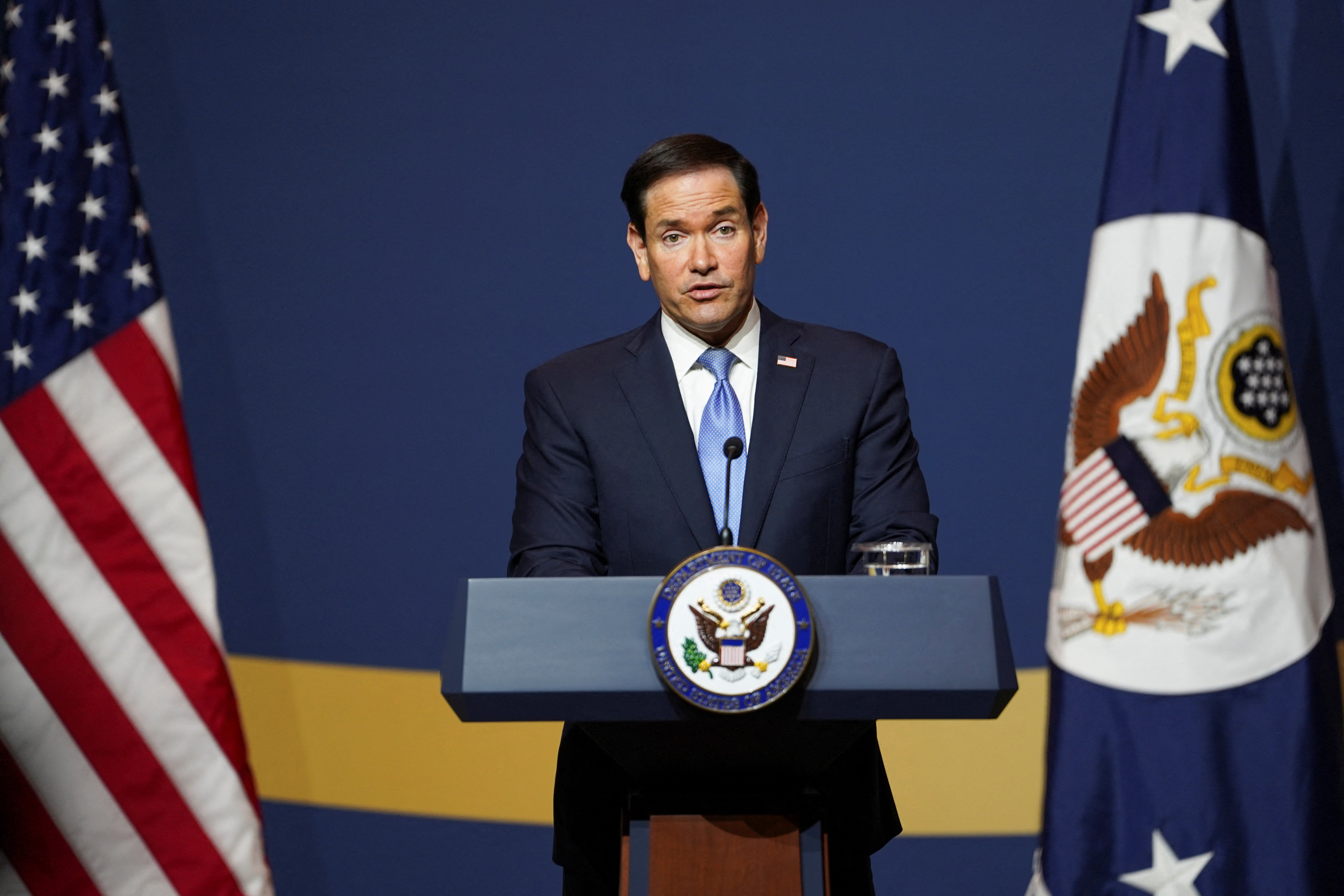 US Secretary of State Marco Rubio holding a press conference on the sidelines of the meeting of foreign ministers of G20 countries in Atlanta. The picture is of 31 October 2026.
