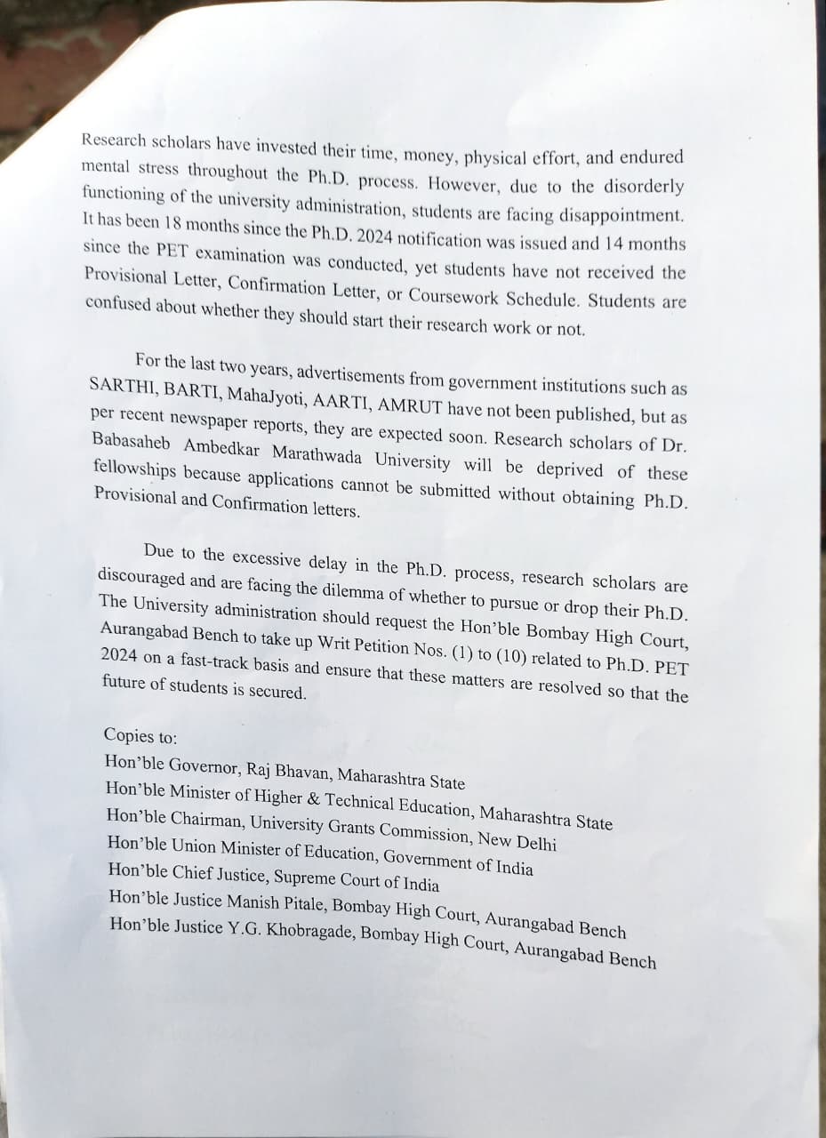 पीएच. डी. करावी की सोडावी?: तब्बल १८ महिन्यांपासून प्रक्रिया प्रलंबित; प्रश्न मार्गी लावा, 'एसएफआय'चे कुलगुरूंना साकडे - Chhatrapati Sambhajinagar News