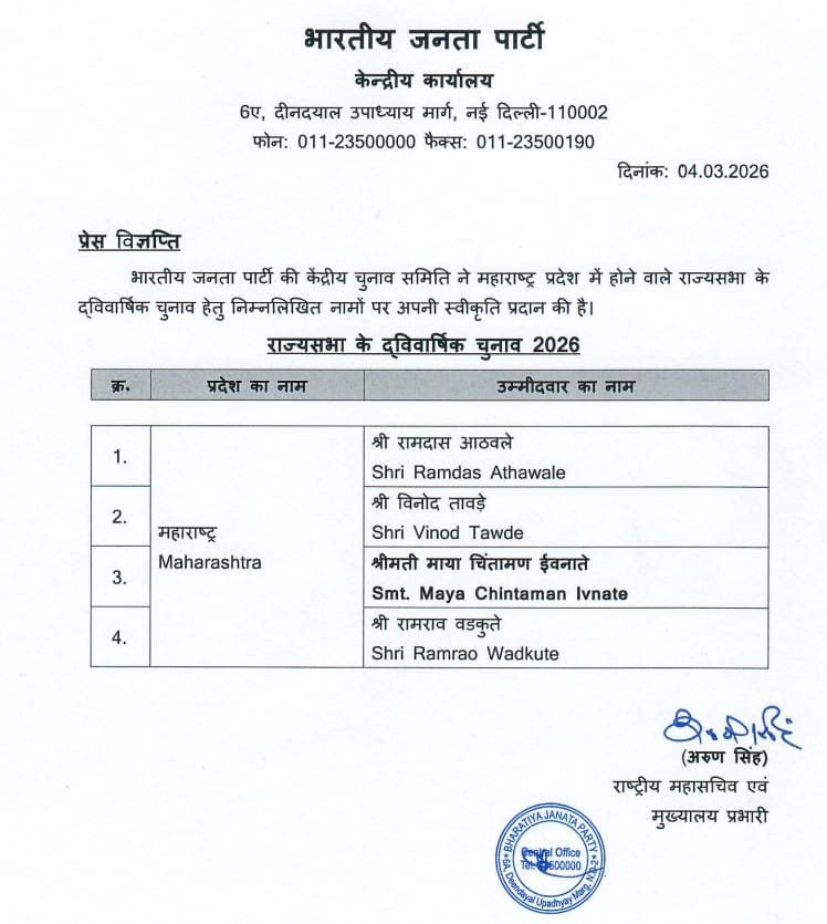 राज्यसभेसाठी भाजपची यादी जाहीर: महाराष्ट्रातून विनोद तावडे, रामदास आठवले, रामराव वडकुते, माया इवनाते यांना उमेदवारी
