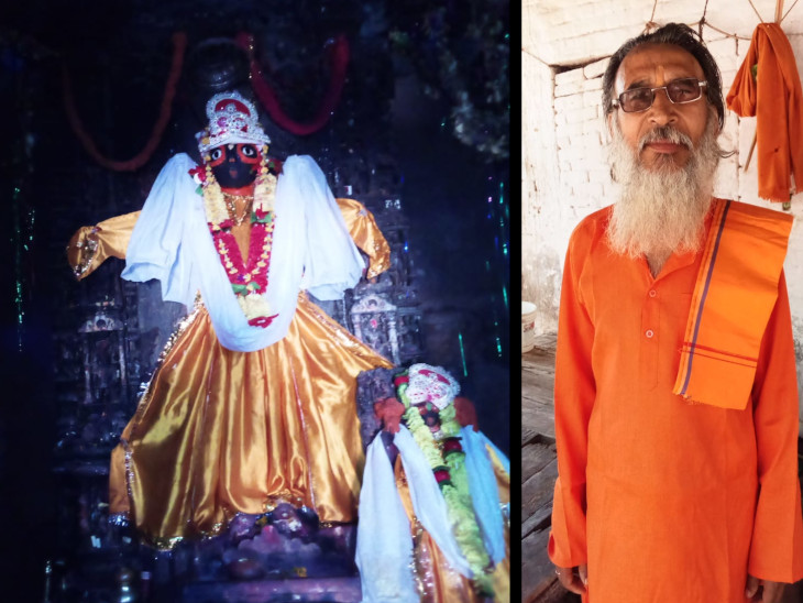 મંદિરમાં સ્થાપિત ભગવાનની મૂર્તિ અને પૂજારી કે.પી. શુક્લા